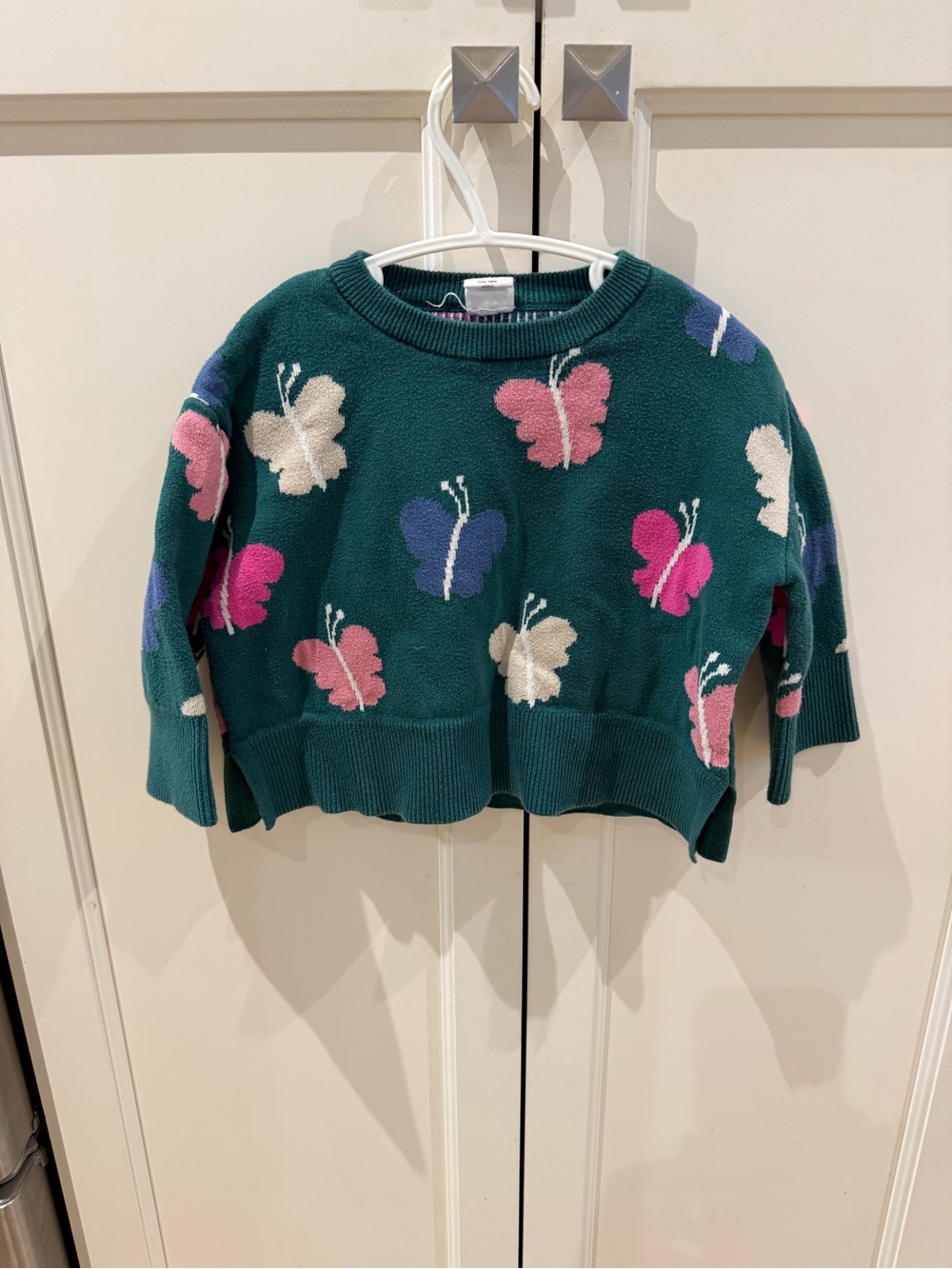 GAP 18-24m Teal Butterfly Knit Sweater with Pink, Purple & Cream Accents